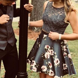 Grey floral two piece homecoming dress